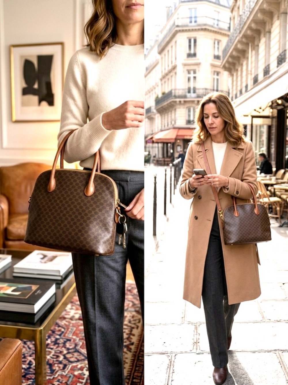Vintage CELINE Macadam Dome Satchel Brown Top Handle Crossbody Bag w/COA